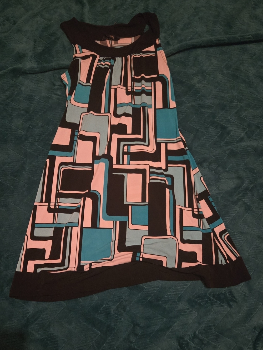 Womans' Geometric Print Swing Dress in White Black & Teal